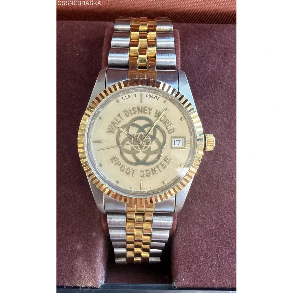 Vintage Elgin Men's Quartz Watch Two Tone Gold Fluted Bezel Jubilee Date Boxed